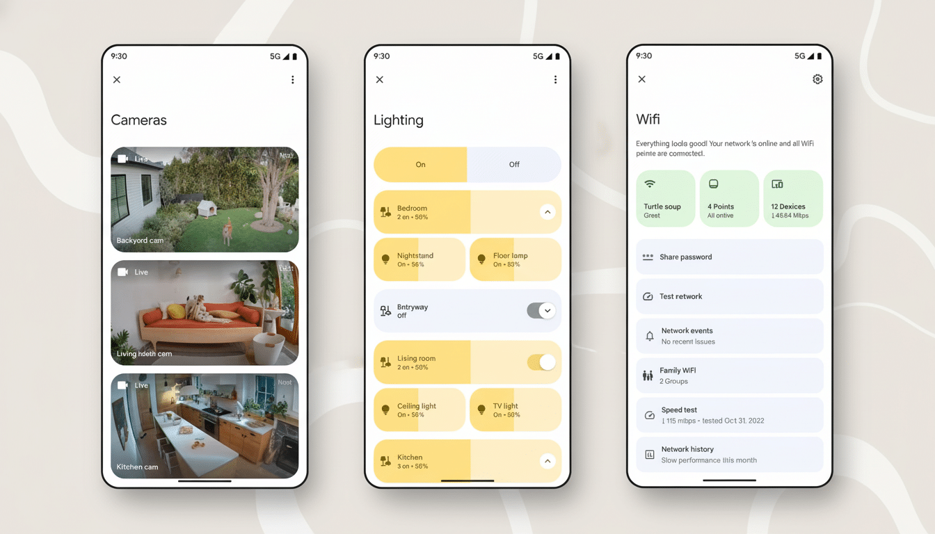 A professional presentation of three smartphone screens displaying Google Nest app interfaces for cameras, lighting control , and Wi- Fi settings.