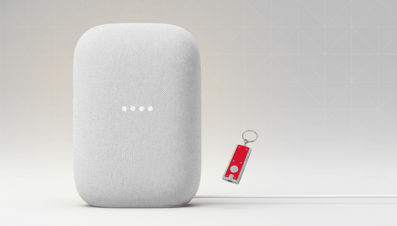 A white Google Nest speaker with a red keychain flashlight next to it, presented on a professional light gray background with subtle geometric patterns, resized to a 1 6:9 aspect ratio. Filename : googlenest speakerkey chainflashlight 16 9. png