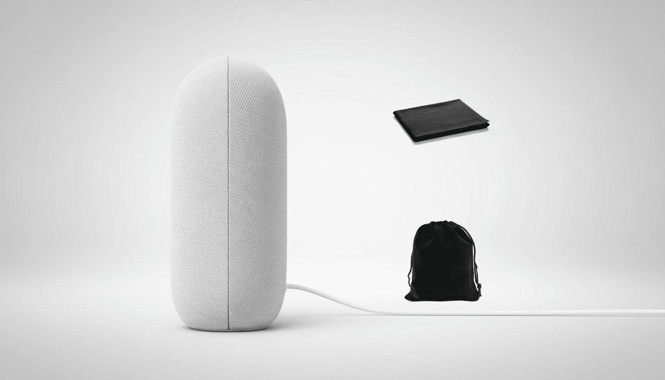 A white , cylindrical smart speaker with a white power cord is shown on a professional flat gray background with soft gradients . To the right, slightly above center , is a folded black cloth, and below it, a small black drawstring pouch .