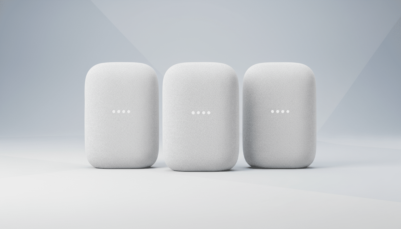 Three white Google Nest Audio smart speakers aligned horizontally on a light gray gradient background.