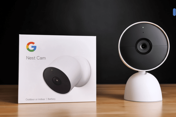A Google Nest Cam ( battery ) and its product box are displayed on a wooden surface against a dark background. The camera on the right is white with a black face , featuring a lens and an indicator light. The product box on the left shows an image of the outdoor camera and the Google Nest Cam logo.