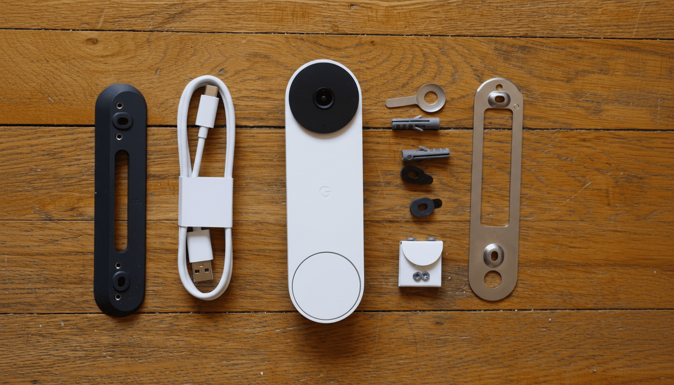 An overhead view of a white Google Nest doorbell and its accessories laid out on a wooden surface , including a black mounting plate, a white USB-C cable, various screws and tools, and a chime connector .