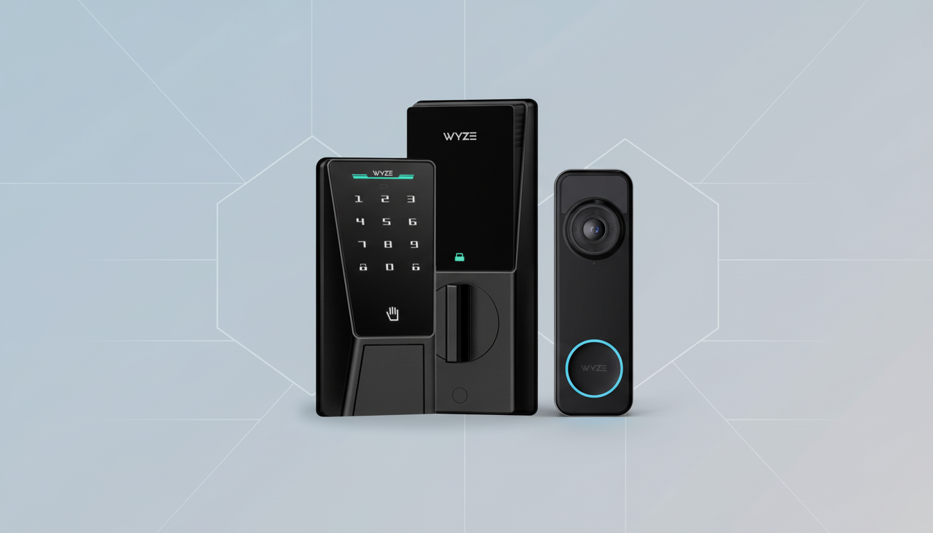 A professional image of three black Wyze smart home security devices, including a smart lock with a keypad, a main lock unit, and a video doorbell, arranged on a light blue background with subtle geometric patterns.
