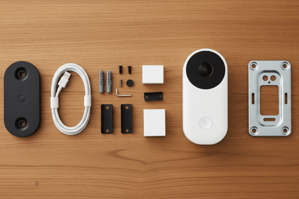 An overhead view of a white Google Nest doorbell and its accompanying installation hardware laid out on a wooden surface.