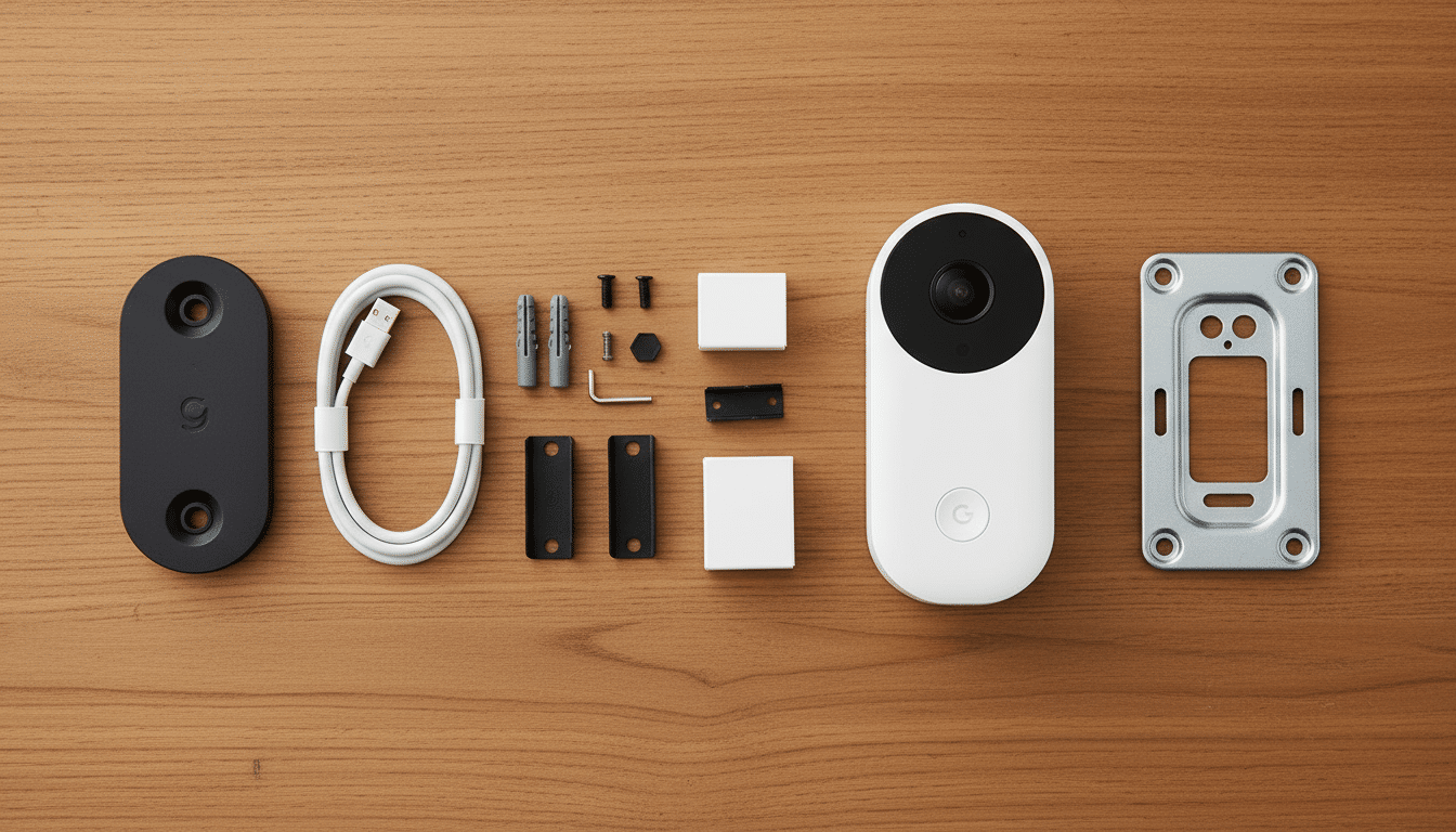 An overhead view of a white Google Nest doorbell and its accompanying installation hardware laid out on a wooden surface.