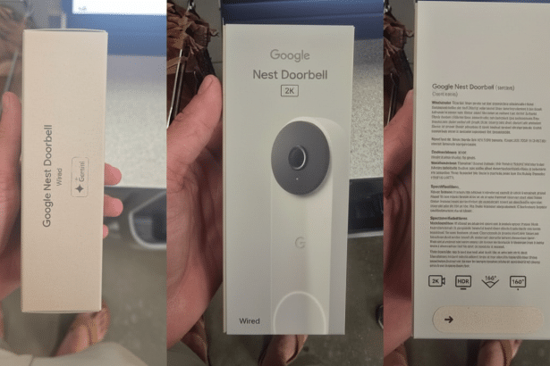 Google Nest Doorbell ( wired, 3 rd generation) packaging, held in a hand. The image has been resized to a 16: 9 aspect ratio, maintaining the original