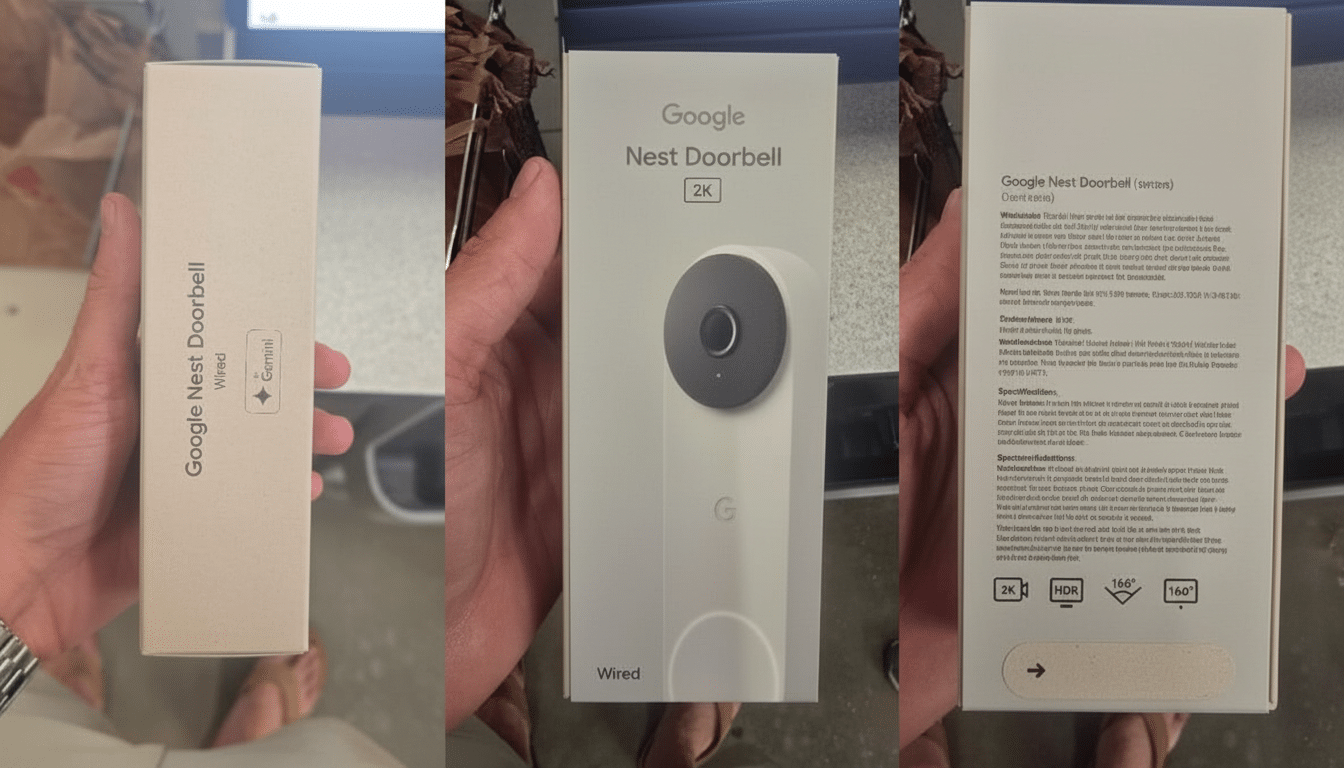 Google Nest Doorbell ( wired, 3 rd generation) packaging, held in a hand. The image has been resized to a 16: 9 aspect ratio, maintaining the original