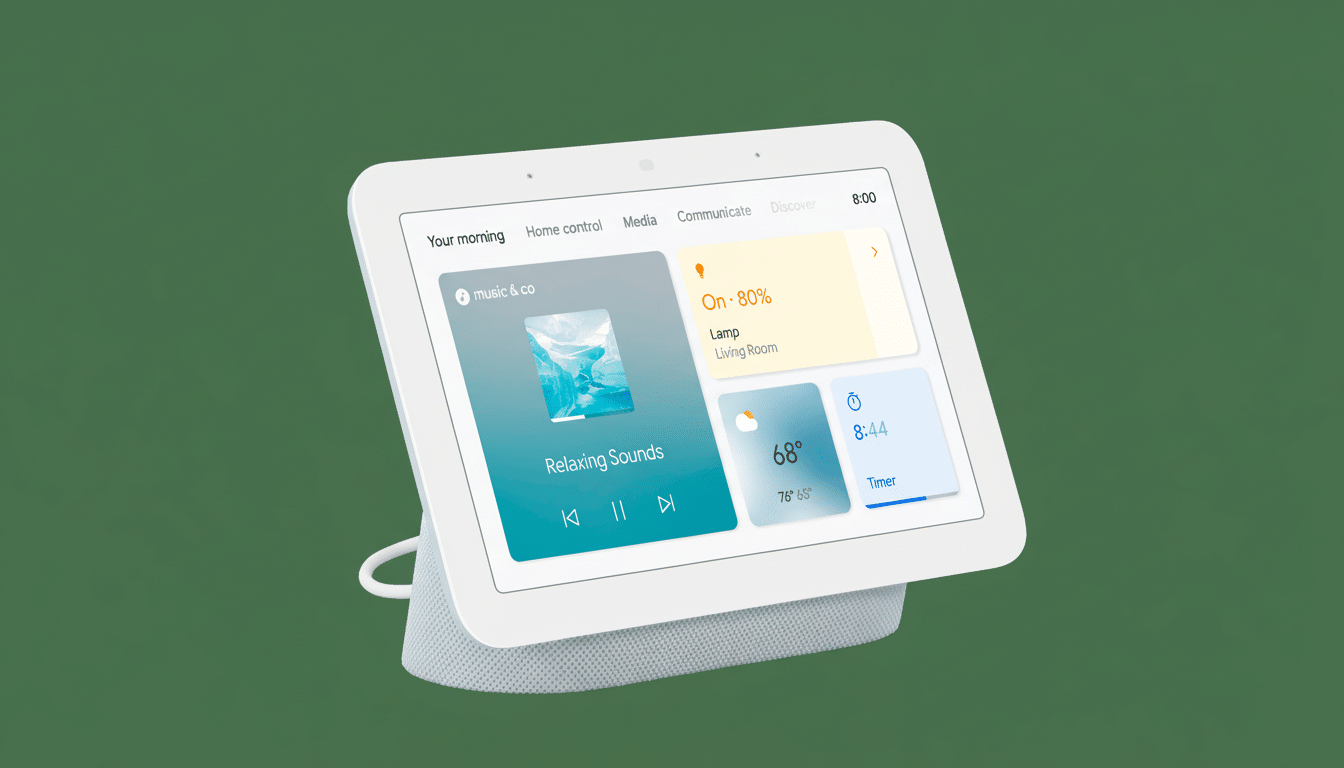 A white Google Nest Hub displaying a Your morning screen with options for music, home control, media, communicate, and discover. On the screen, Relax