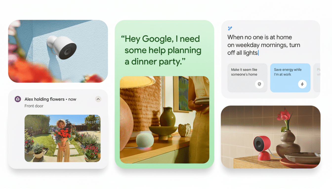 A collage of Google Nest smart home devices and interfaces, including a white outdoor camera, a Google Assistant interaction for planning a dinner par