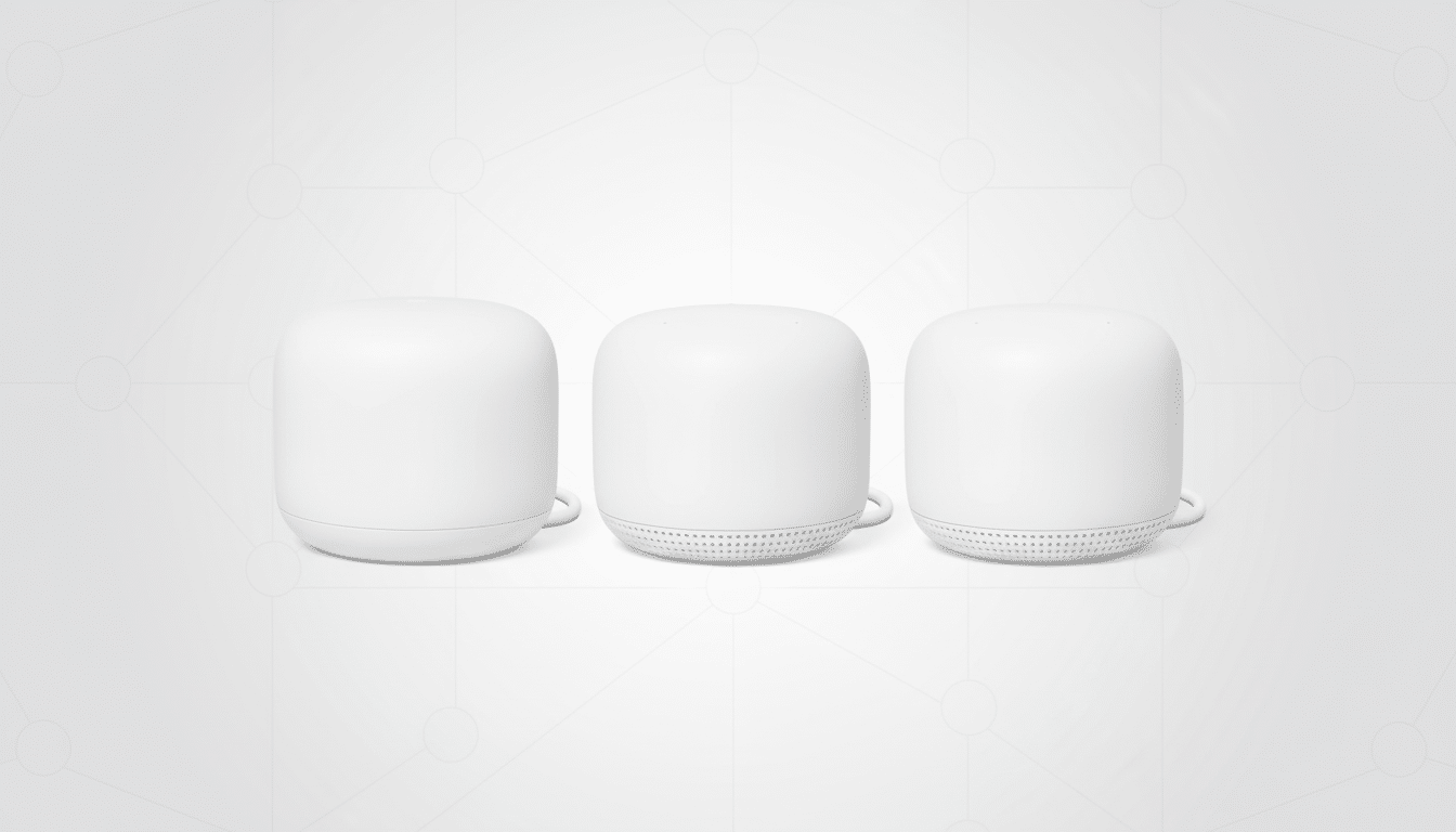 Three white Google Nest Wifi Pro devices are arranged in a row against a subtle gray background with a network pattern.