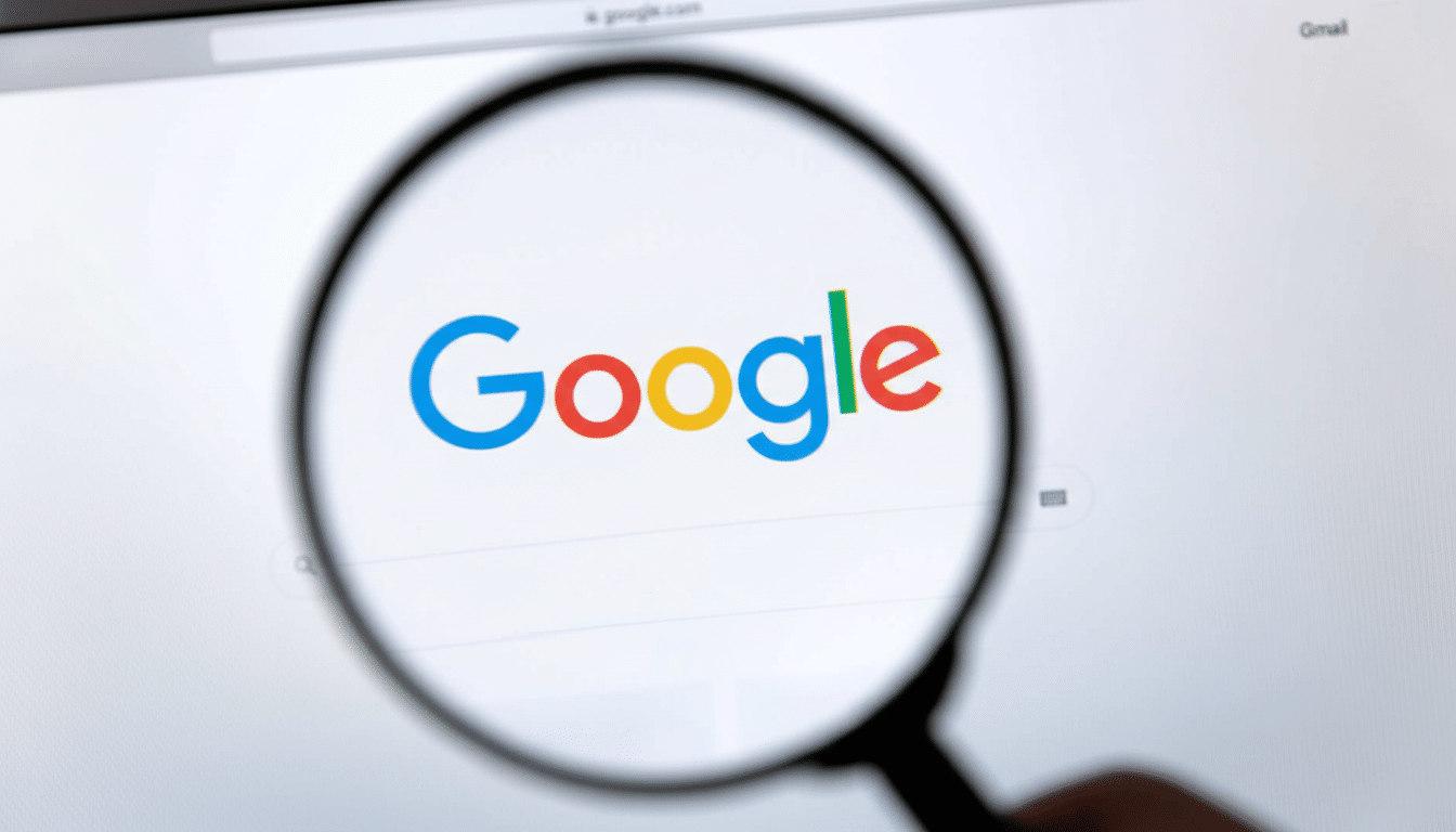 A close-up view through a magnifying glass focused on the Google logo displayed on a computer screen, with the browser s search bar visible above it.