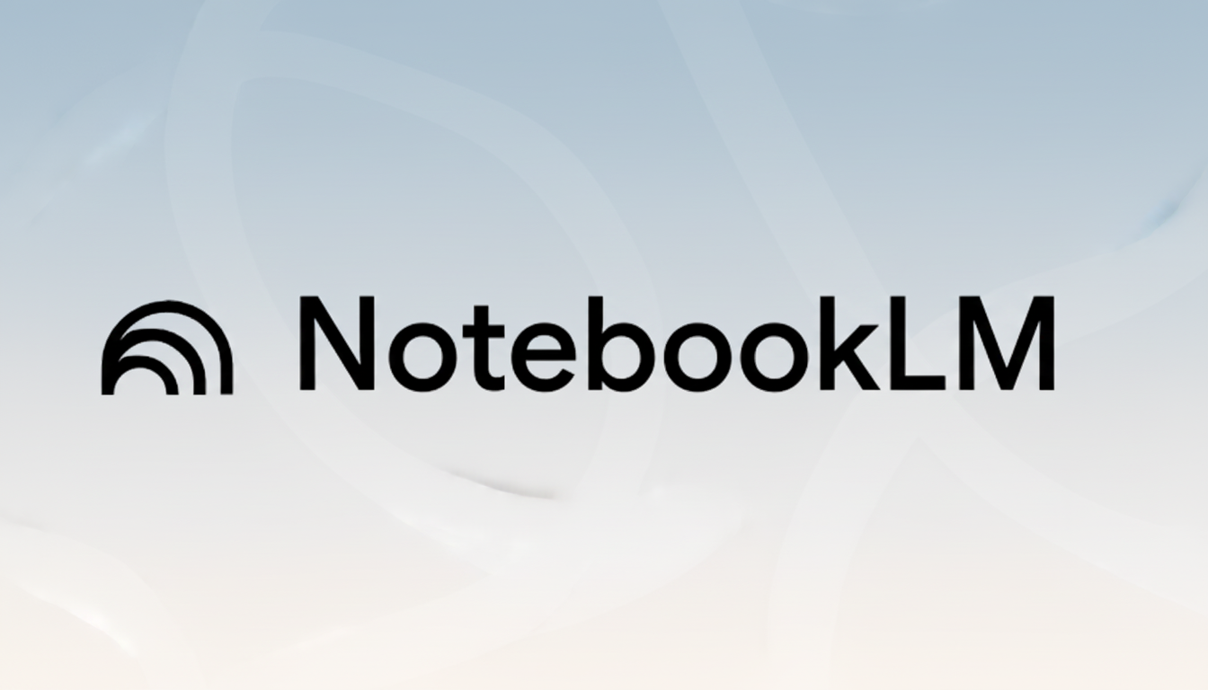 The NotebookLM logo, featuring a stylized black icon resembling stacked waves or notebooks next to the text NotebookLM in black, set against a professional flat design background with soft, light blue and white gradients and subtle, flowing patterns.