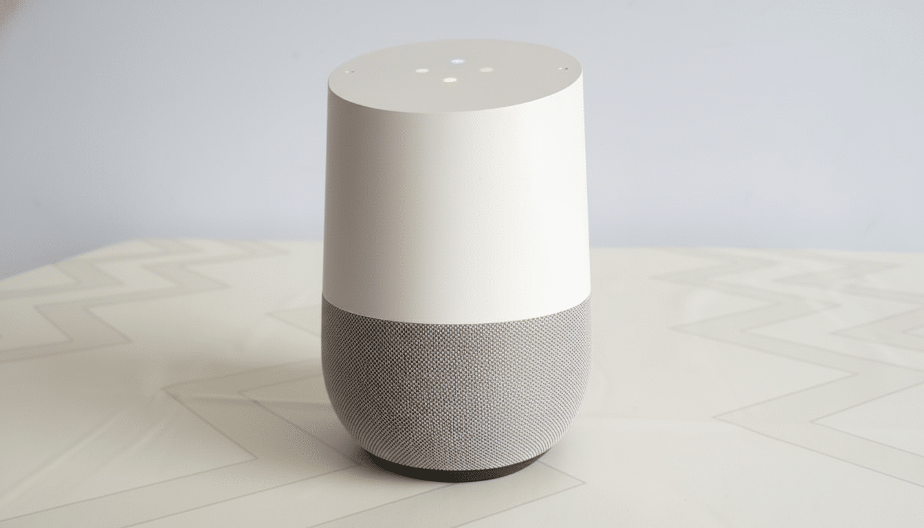 A Google Home smart speaker with a white top and gray fabric base, showing colorful indicator lights, on a subtle patterned surface.