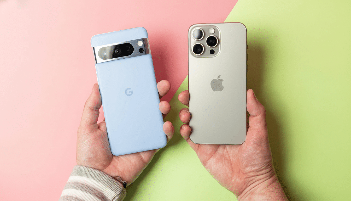 A top -down shot of two hands holding a Google Pixel 7 Pro in a light blue case and an iPhone 15 Pro Max in silver , against a split pink and green background .