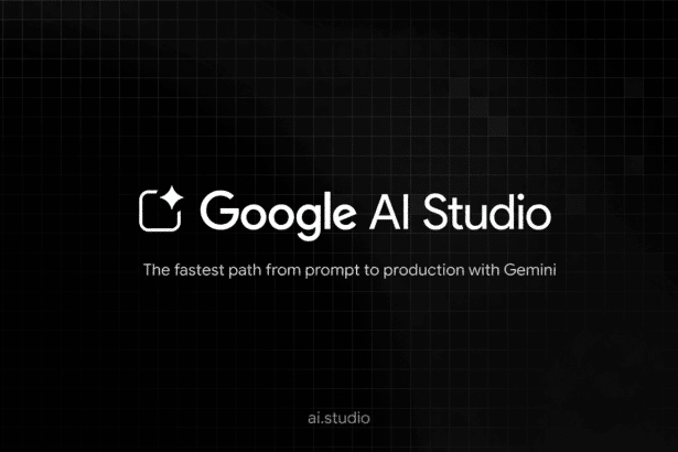 Google AI Studio logo with the tagline The fastest path from prompt to production with Gemini on a dark grid background with ai.studio at the bottom.