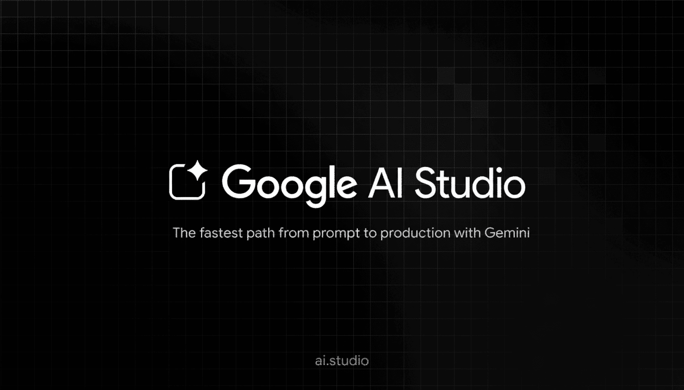 Google AI Studio logo with the tagline The fastest path from prompt to production with Gemini on a dark grid background with ai.studio at the bottom.