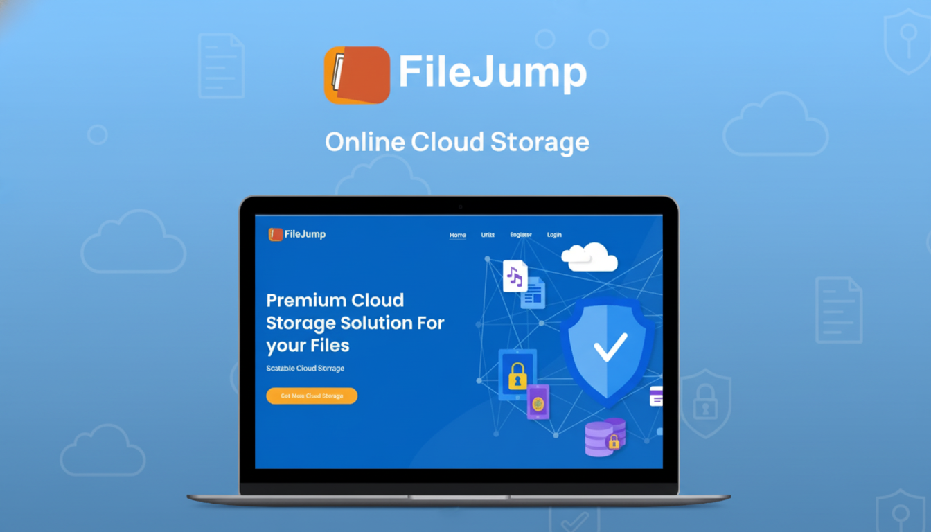A laptop displaying the FileJump cloud storage website, set against a blue background with subtle cloud and file icons.