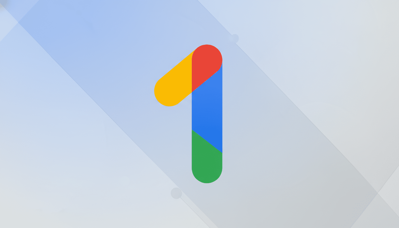 The Google One logo, a stylized number 1 in red , yellow, blue , and green, centered on a professional flat design background with soft light blue and gray geometric patterns.