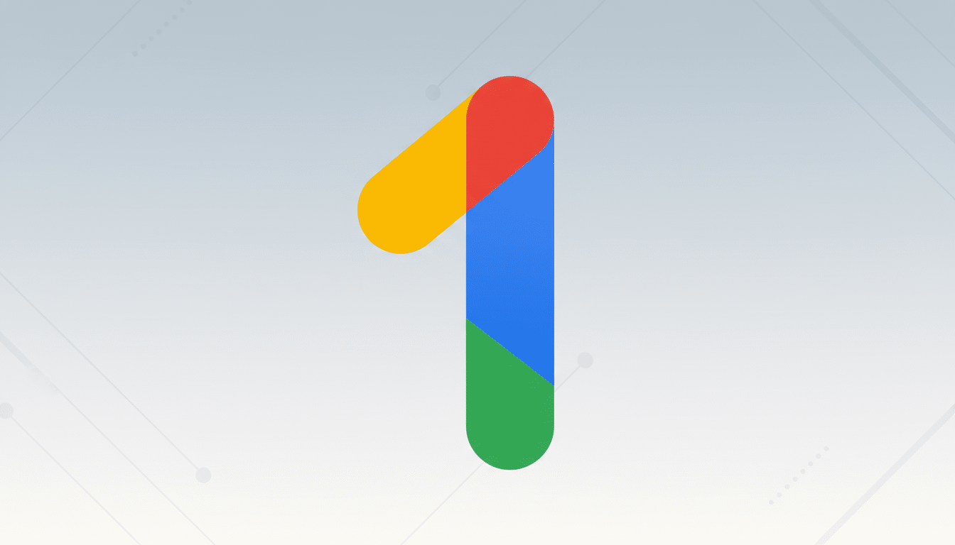 The Google One logo, a stylized number 1 composed of rounded rectangular segments in red, blue, green, and yellow, presented on a professional 16: 9 a