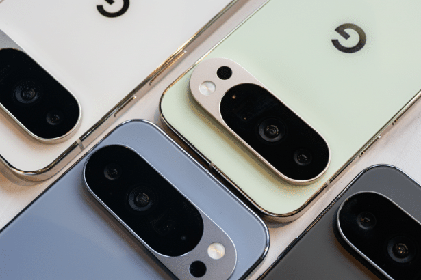 alt text: A close -up, top-down view of four Google Pixel smartphones in white , light green, ligh