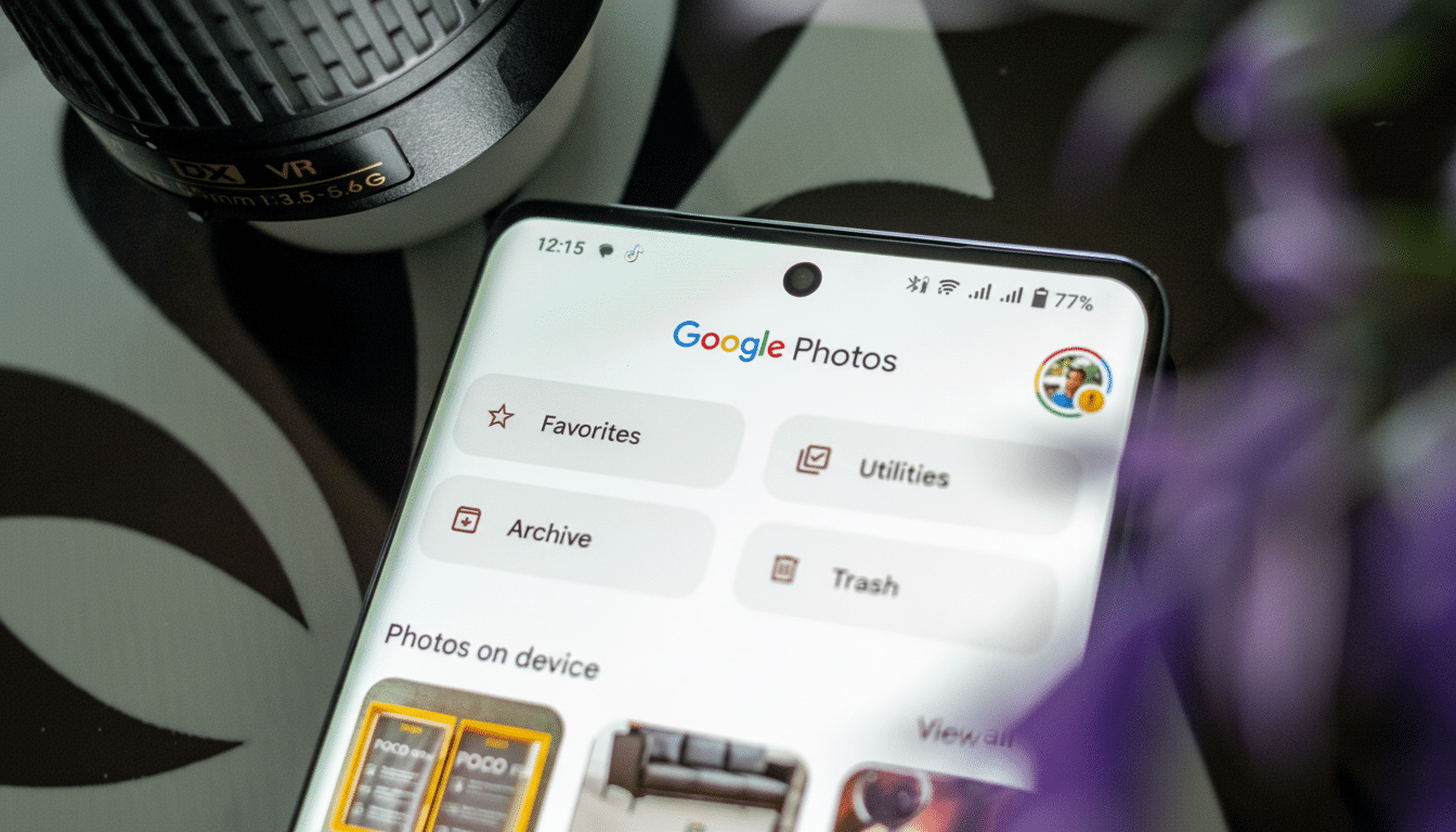 A smartphone displaying the Google Photos app interface , with a camera lens and purple flowers in the blurred background. Filename : googlephotos appdisplay .png