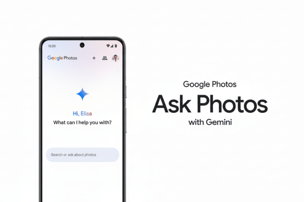 A smartphone displaying the Google Photos app with an Ask Photos feature powered by Gemini. The text Hi , Elisa, What can I help you with? is visible on the screen .