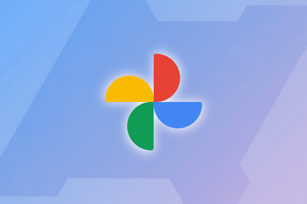 A professional image of the Google Photos logo, composed of four colorful pin wheel-like shapes ( yellow, red, blue, green) on a soft blue and purple gradient background with subtle geometric patterns.