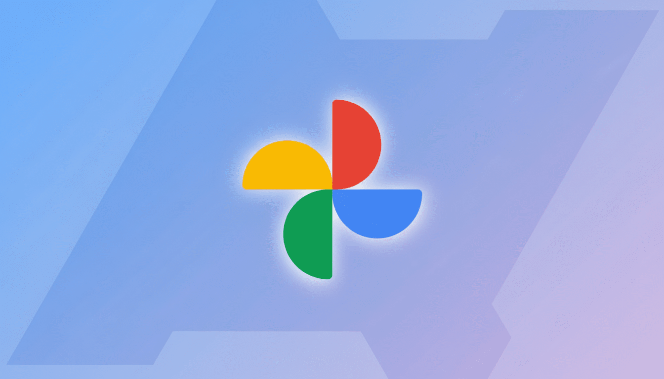 A professional image of the Google Photos logo, composed of four colorful pin wheel-like shapes ( yellow, red, blue, green) on a soft blue and purple gradient background with subtle geometric patterns.