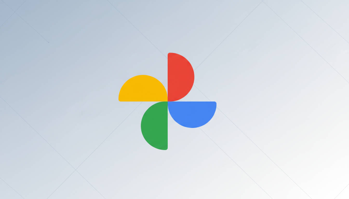 The Google Photos logo, a four-petal pinwheel in red, yellow, green, and blue, centered on a professional light gray background with subtle diagonal line patterns.