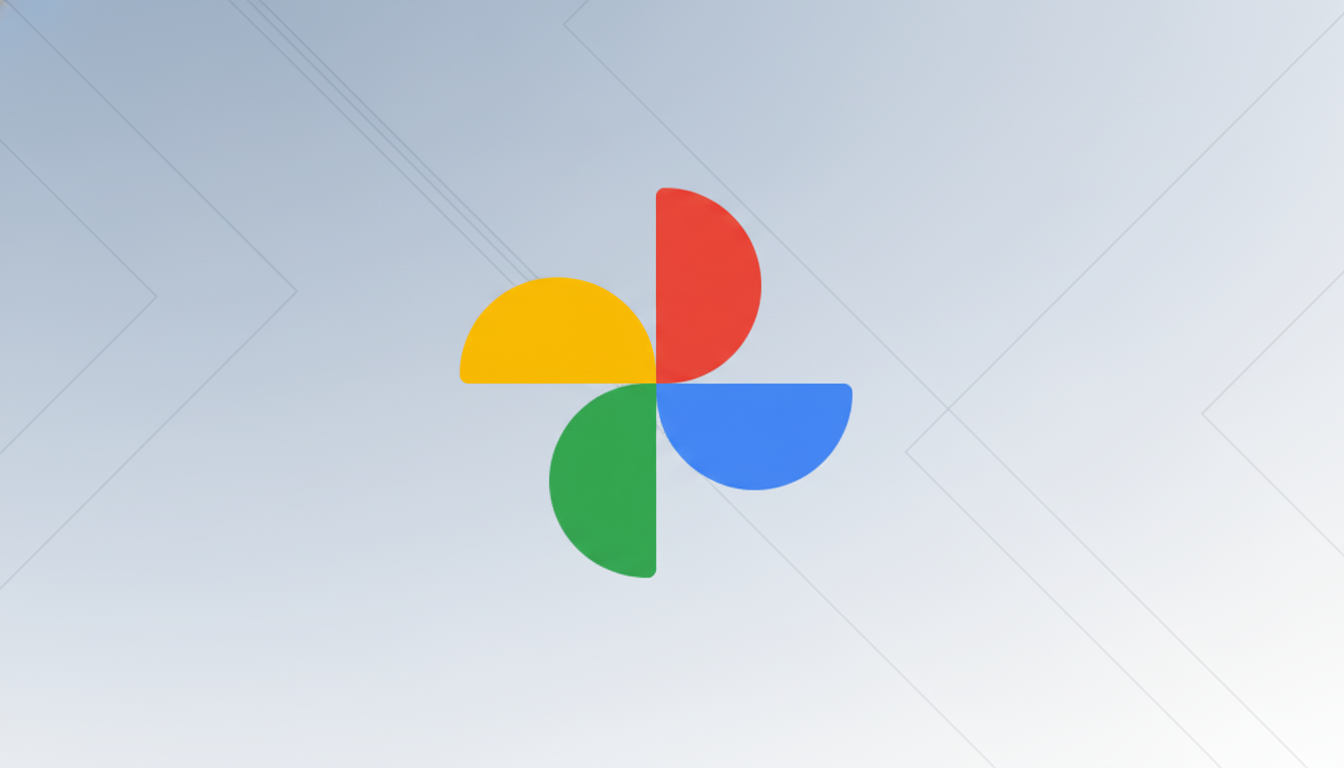 The Google Photos logo, a colorful pinwheel design, centered on a professional flat background with soft gray patterns and a subtle gradient.