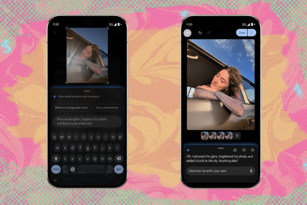 Two smartphone screens showcasing Google Photos editing features . The left screen shows a portrait photo of a woman in a car with editing options, while the right screen displays the enhanced version of the photo after applying edits. Filename : googlephotos editingshow case.png
