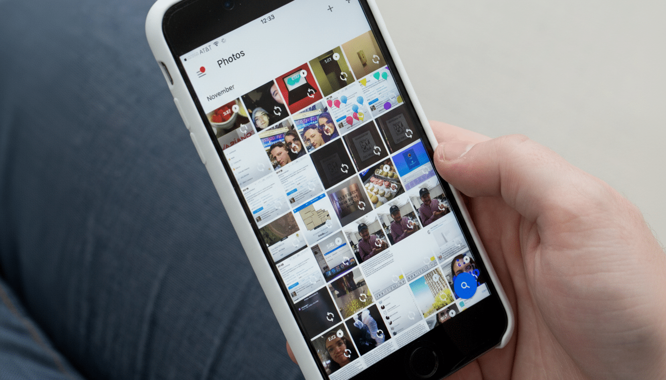 A hand holding an iPhone displaying a grid of photos in the Photos app, with the phone' s screen showing various images and designs . Filename : iphonephotos app. png