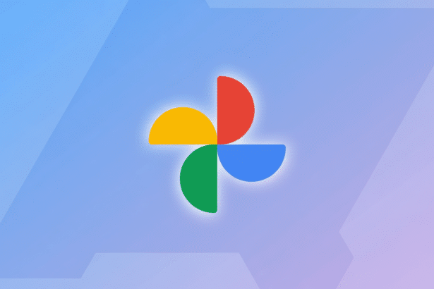 A professional image of the Google Photos logo, composed of four colorful pin wheel-like shapes ( yellow, red, blue , green), centered on a soft gradient background of light blue and purple with subtle geometric patterns, resized to a 1 6:9 aspect ratio. Filename : googlephotos logo1 6x 9. png