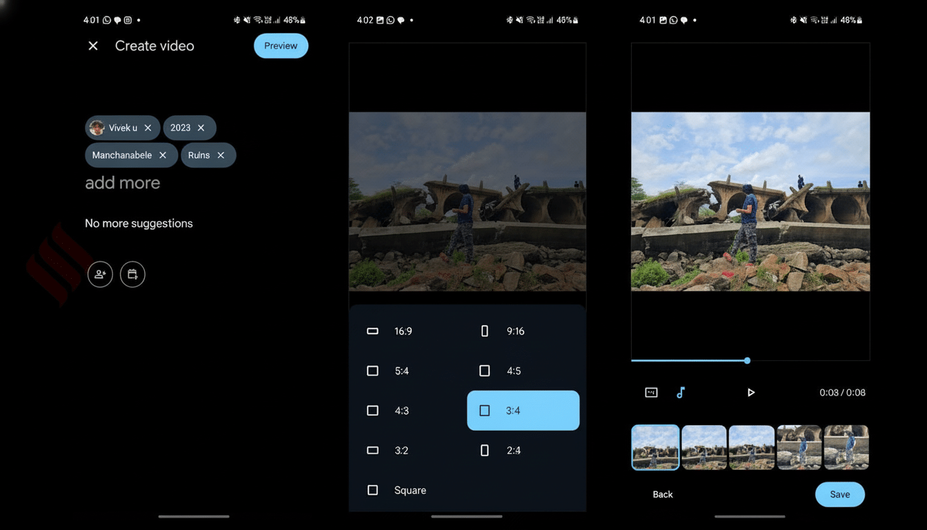 A 16:9 aspect ratio image showing the Create video interface on a mobile device, with options for video creation and editing.