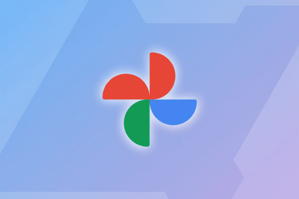 A professional image of the Google Photos logo on a light blue and purple gradient background with subtle abstract patterns. Filename : googlephotos logogradient background.png