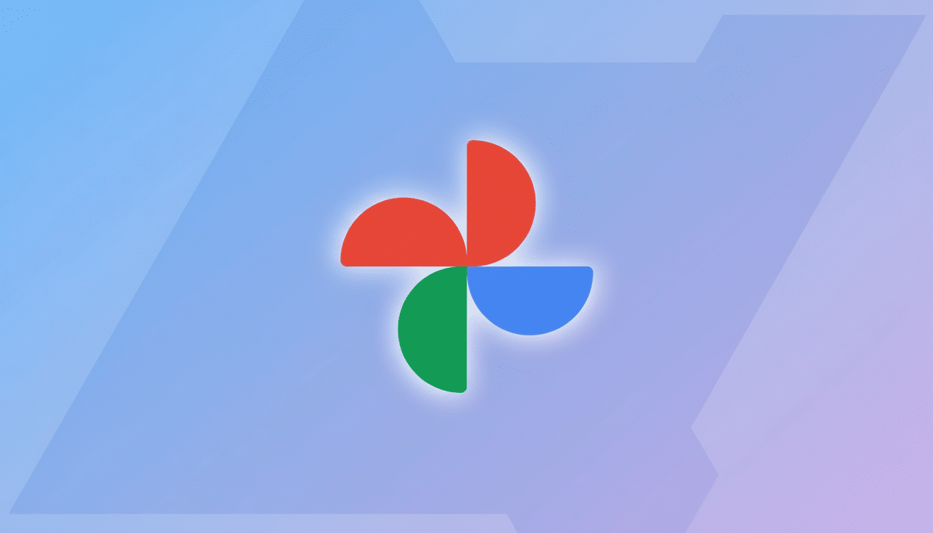 A professional image of the Google Photos logo on a light blue and purple gradient background with subtle abstract patterns. Filename : googlephotos logogradient background.png