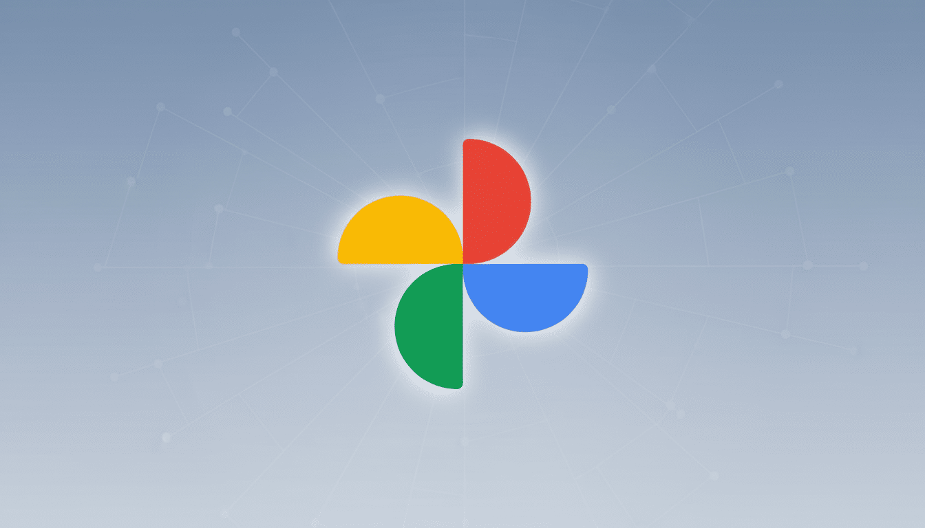The Google Photos logo, a colorful four- petal pin wheel shape , against a professional light blue background with a subtle network pattern.