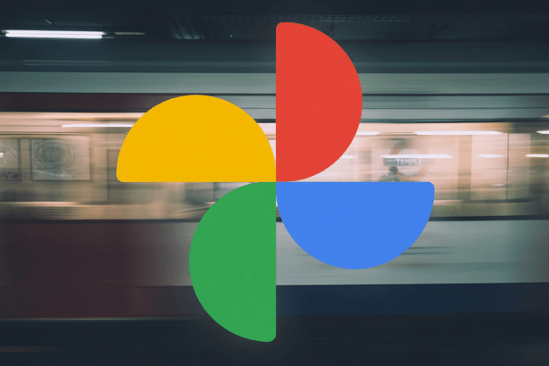 The Google Photos logo, composed of four colorful semicircles ( red, yellow, green, and blue ), superimposed on a blurred background of a subway platf