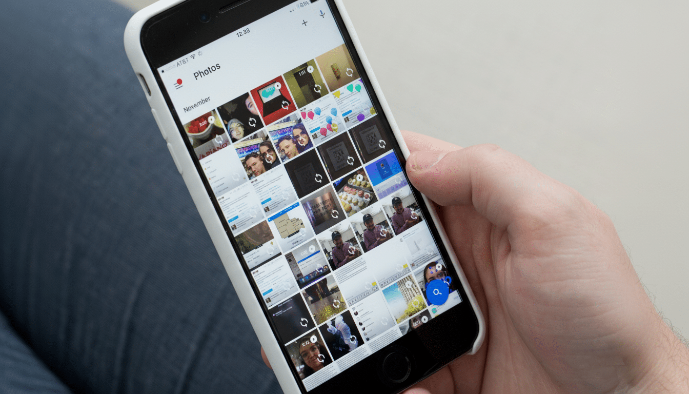 A hand holding a smartphone displaying a photo gallery app with various images, resized to a 1 6:9 aspect ratio. Filename : smartphone photogallery . png