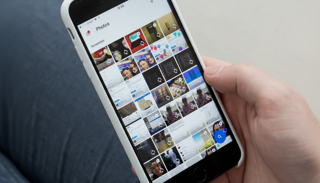 A persons hand holding a white - cased iPhone displaying a photo gallery in a 16: 9 aspect ratio.