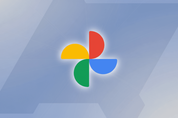 The Google Photos logo, a colorful pin wheel design made of red , yellow, green , and blue quadrants , centered on a professional flat design background with soft gray and light blue gradients and subtle geometric patterns.