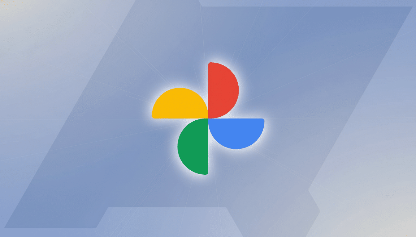 The Google Photos logo, a colorful pin wheel design made of red , yellow, green , and blue quadrants , centered on a professional flat design background with soft gray and light blue gradients and subtle geometric patterns.