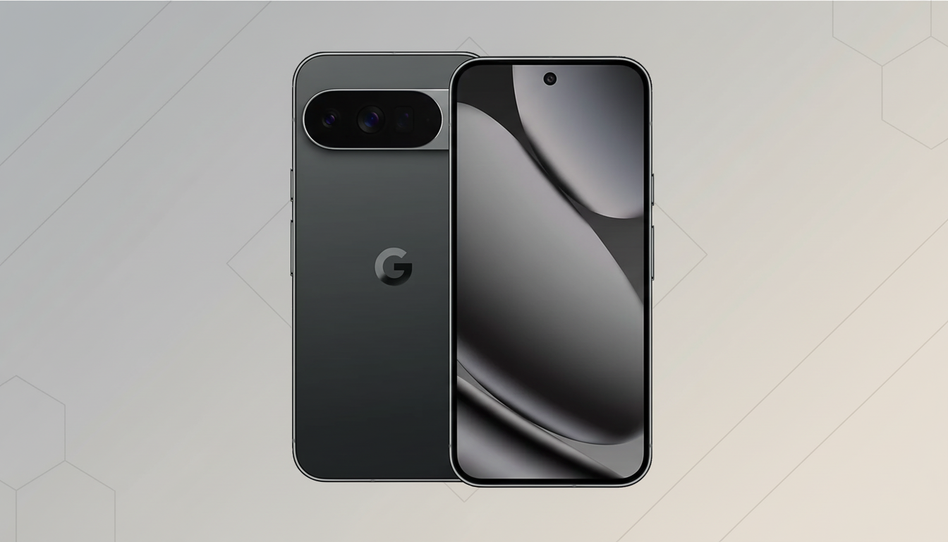 A dark gray smartphone, possibly a Google Pixel, shown from the front and back, against a professional flat design background with soft gray patterns.