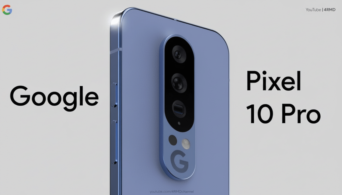 Google Pixel 10 Pro smartphone concept with a prominent camera module and Google branding , set against a simple white background with a Google logo in the top left and YouTube branding in the top right .