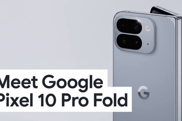 Google Pixel 10 Pro Fold smartphone displayed in a professional setting with text overlay .