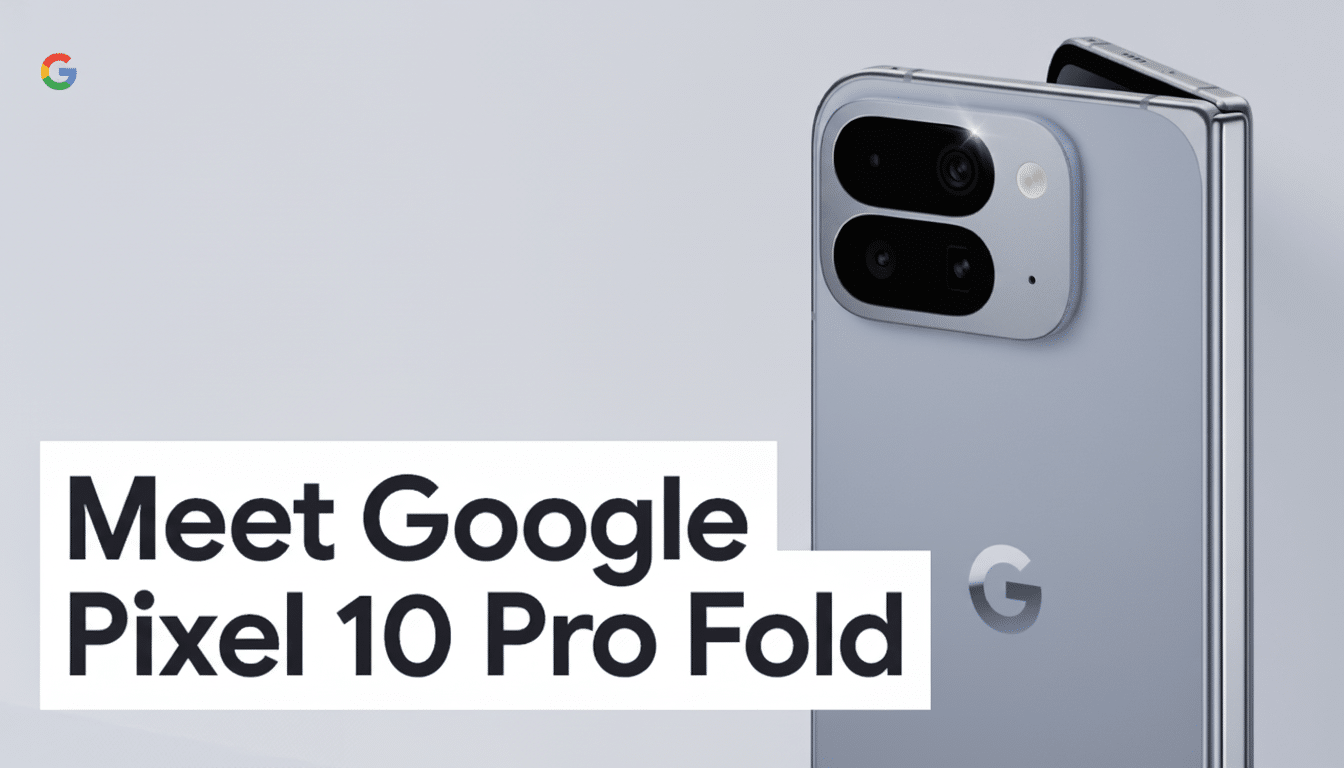 Google Pixel 10 Pro Fold smartphone displayed in a professional setting with text overlay .