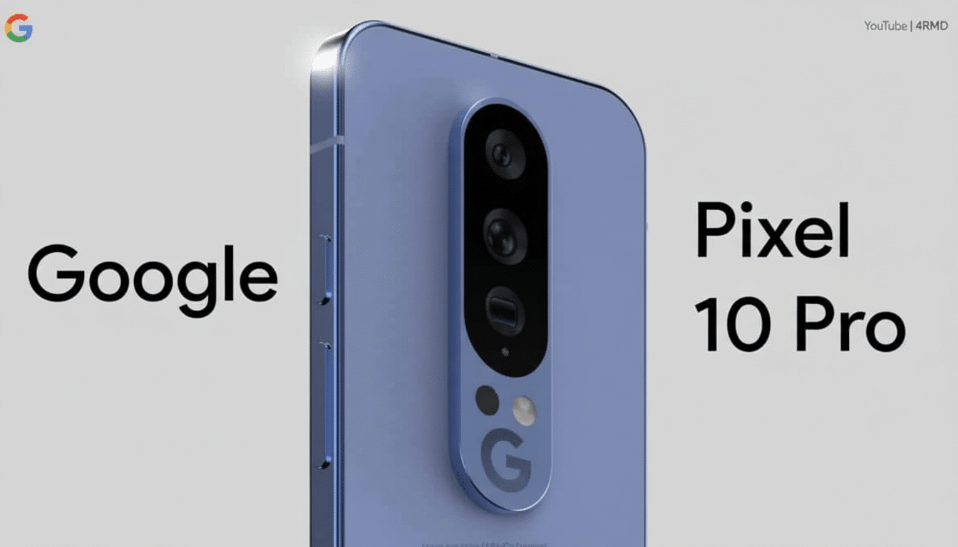 A professional depiction of the back of a Google Pixel 10 Pro smartphone in a lavender color, featuring a vertical triple camera setup and the Google