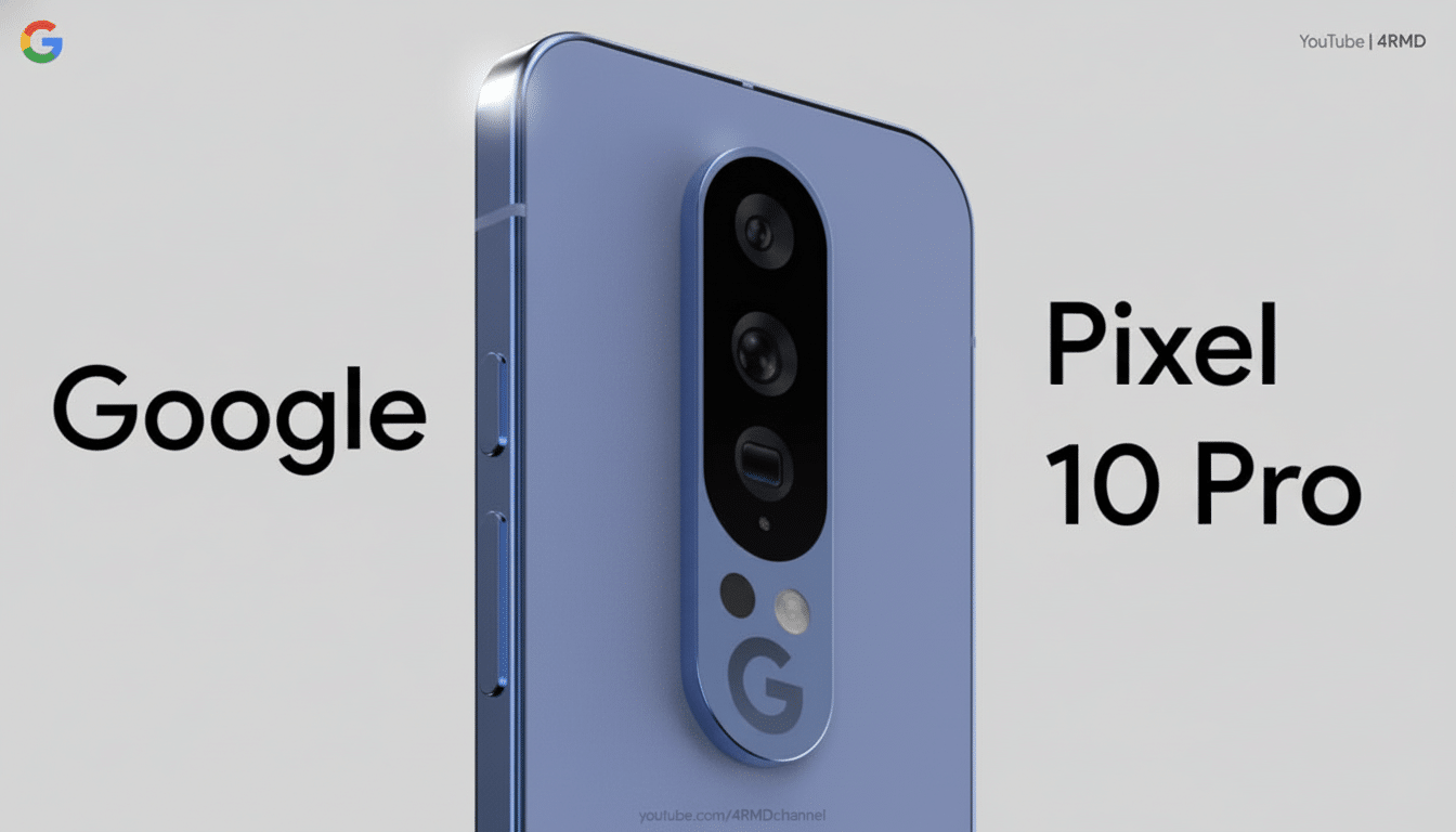 A professional rendering of a purple Google Pixel 1 0 Pro smartphone, viewed from a slight angle revealing its side buttons and a prominent vertical camera array on the back with a Google logo at the bottom, against a clean light grey background with Google Pixel 10 Pro text.