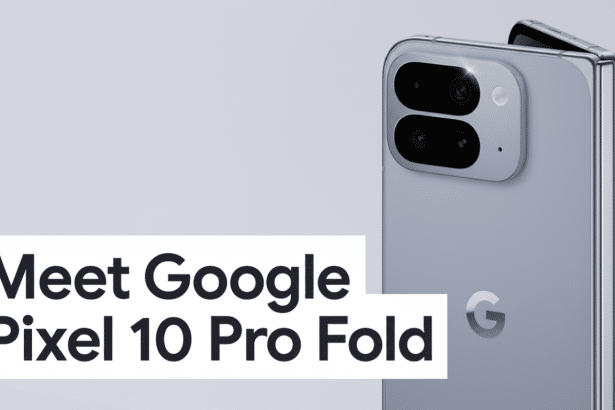 A Google Pixel 10 Pro Fold smartphone in a professional 16: 9 aspect ratio, with a clean gray background. The phone is silver, displaying its camera a
