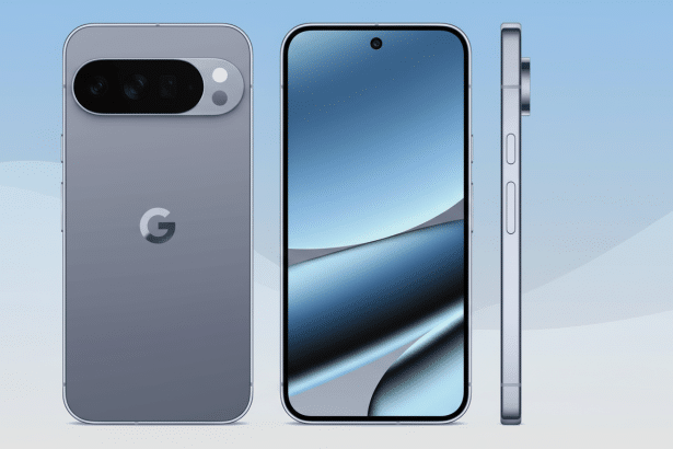 A professional depiction of a smartphone from three angles ( back, front, and side) on a soft blue gradient background. The back shows a G logo and a horizontal camera bar. The front displays a screen with a curved abstract blue and grey wallpaper and a punch -hole camera. The side view reveals buttons and the phone's slim profile. Filename : smartphoneproduct display. png